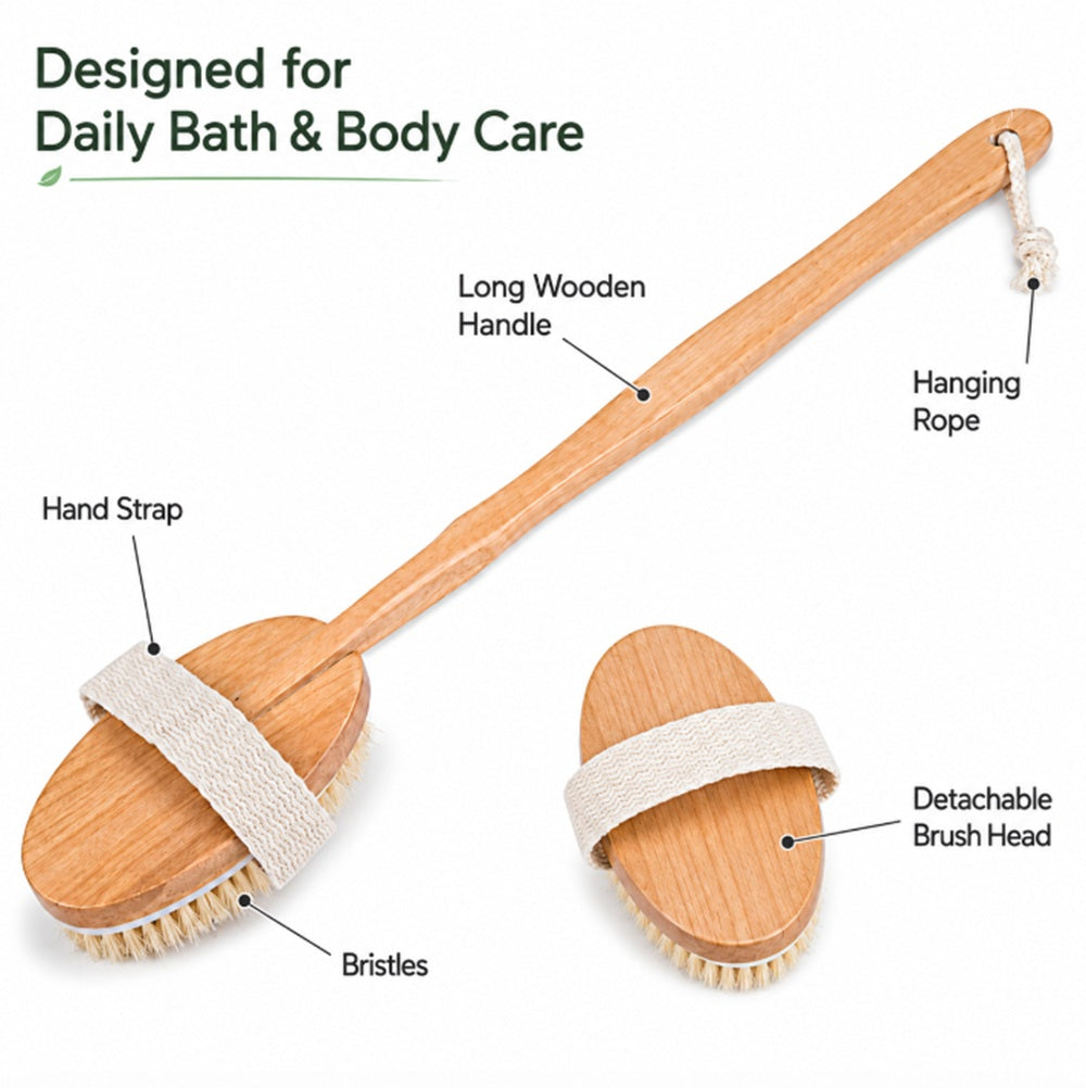 Wooden Natural Bristle Body and Back Brush | TIKA