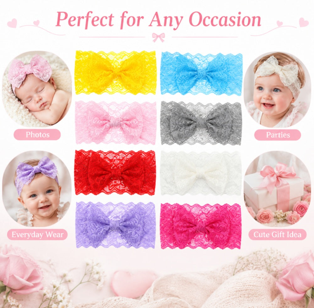 8-Piece Baby Girl Lace, Bow & Flower Headband Set | TIKA