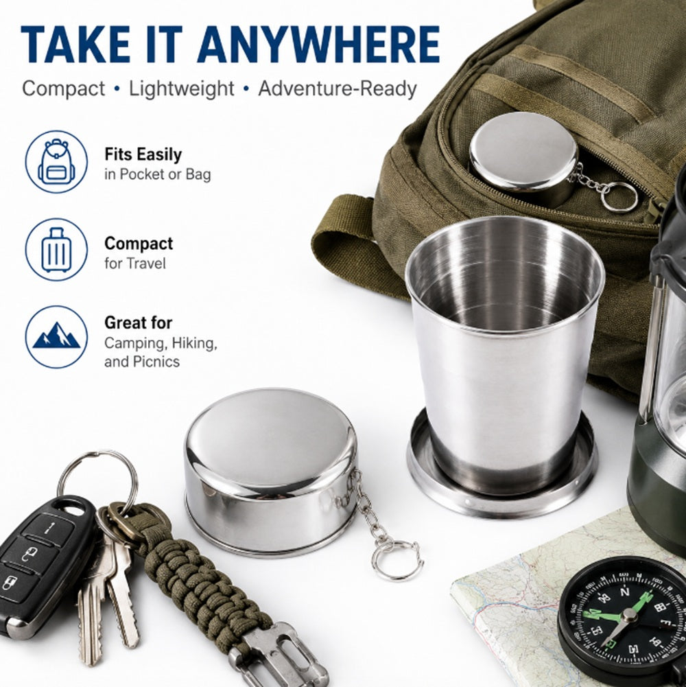 Stainless Steel Collapsible Camping Cup with Lid & Keychain | TIKA