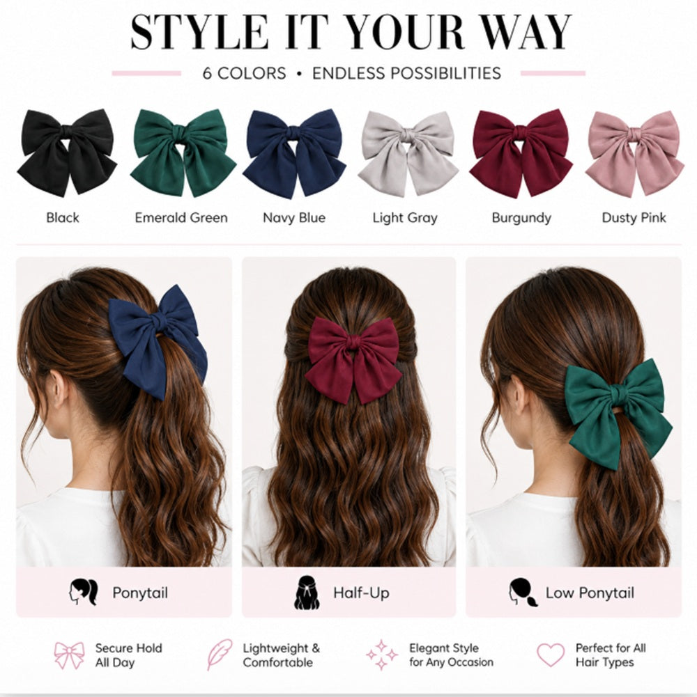 6-Pack Large Satin Bow Hair Clips | TIKA