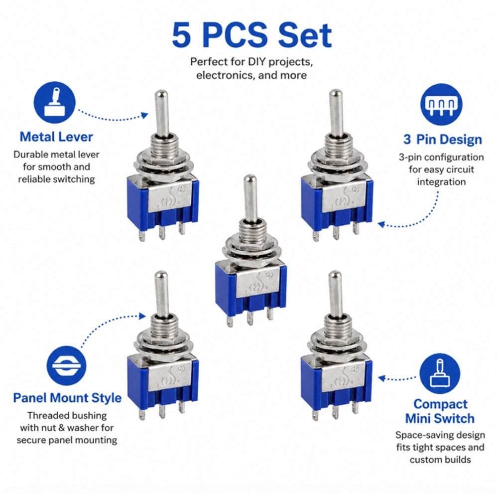 5-Pack Mini SPDT ON-OFF-ON Toggle Switches | TIKA