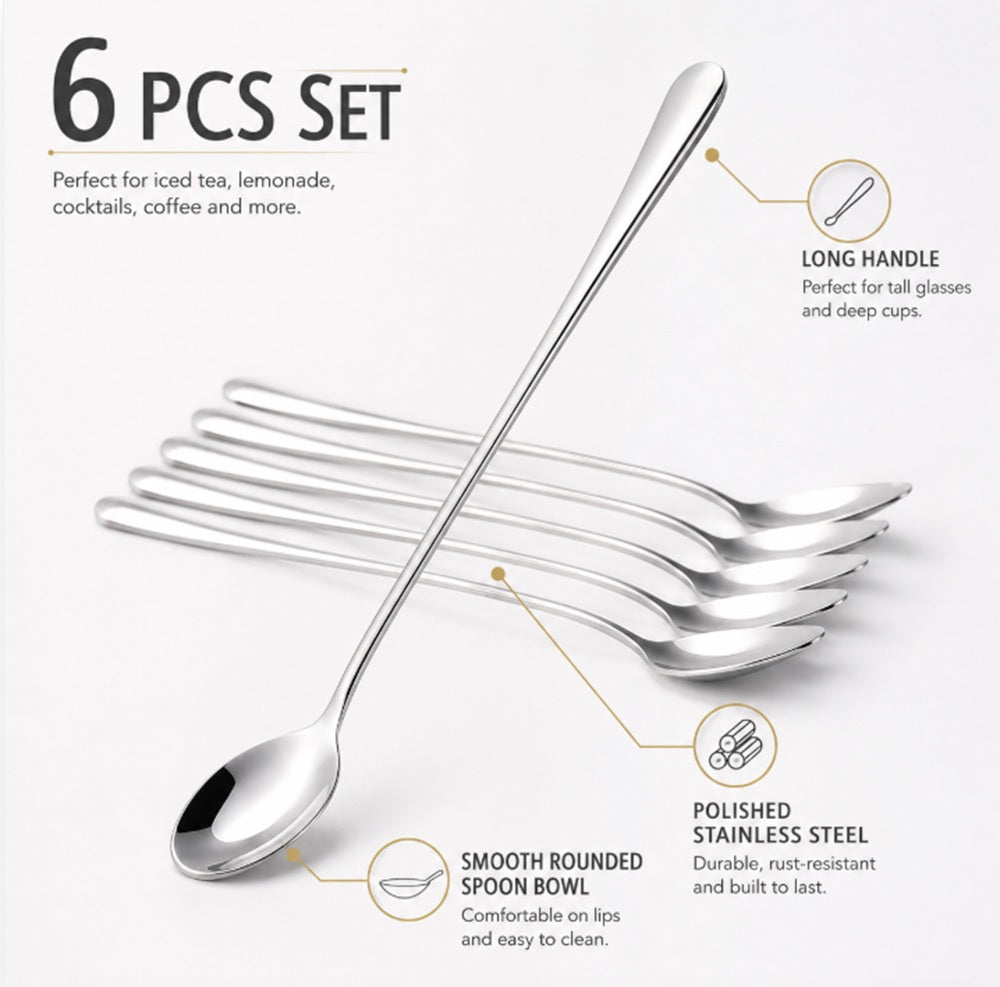 6-Pack 7.5-Inch Stainless Steel Long-Handle Iced Tea Spoons | TIKA