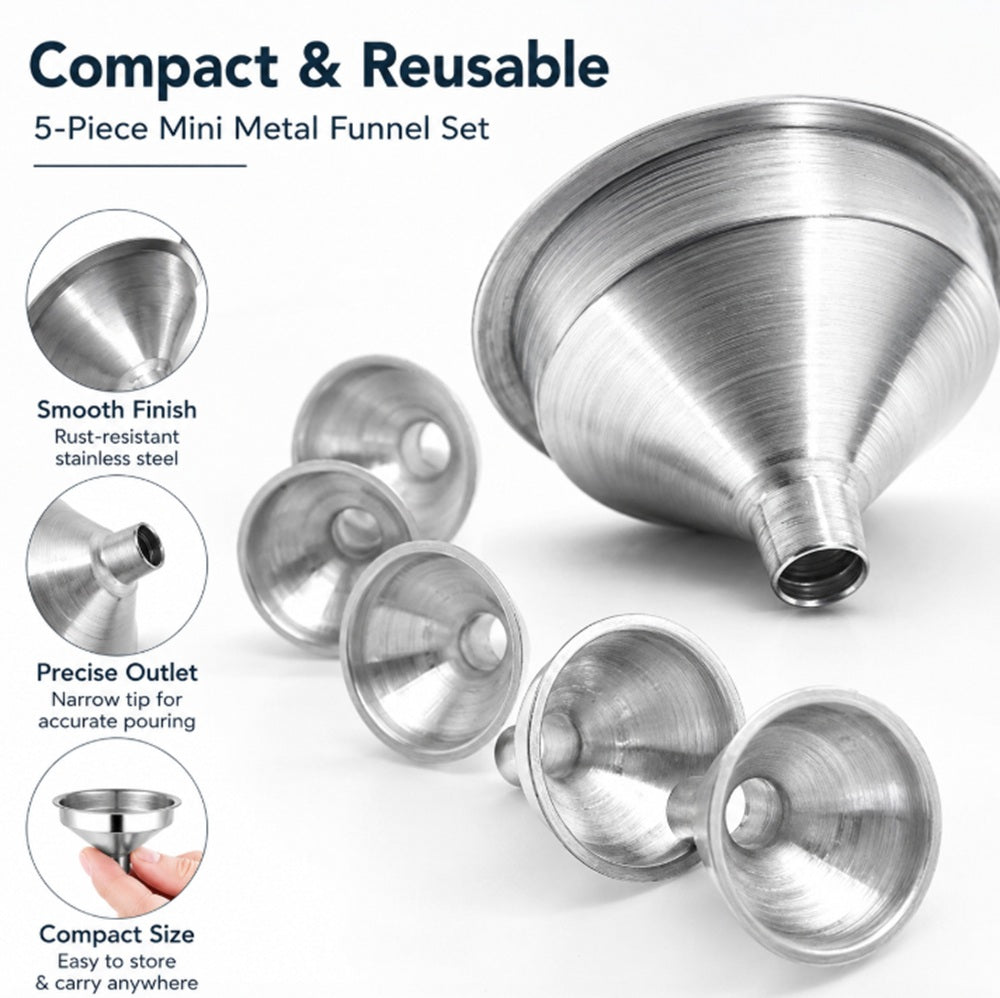 5-Pack Mini Stainless Steel Funnels for Perfume, Oil & Bottles | TIKA