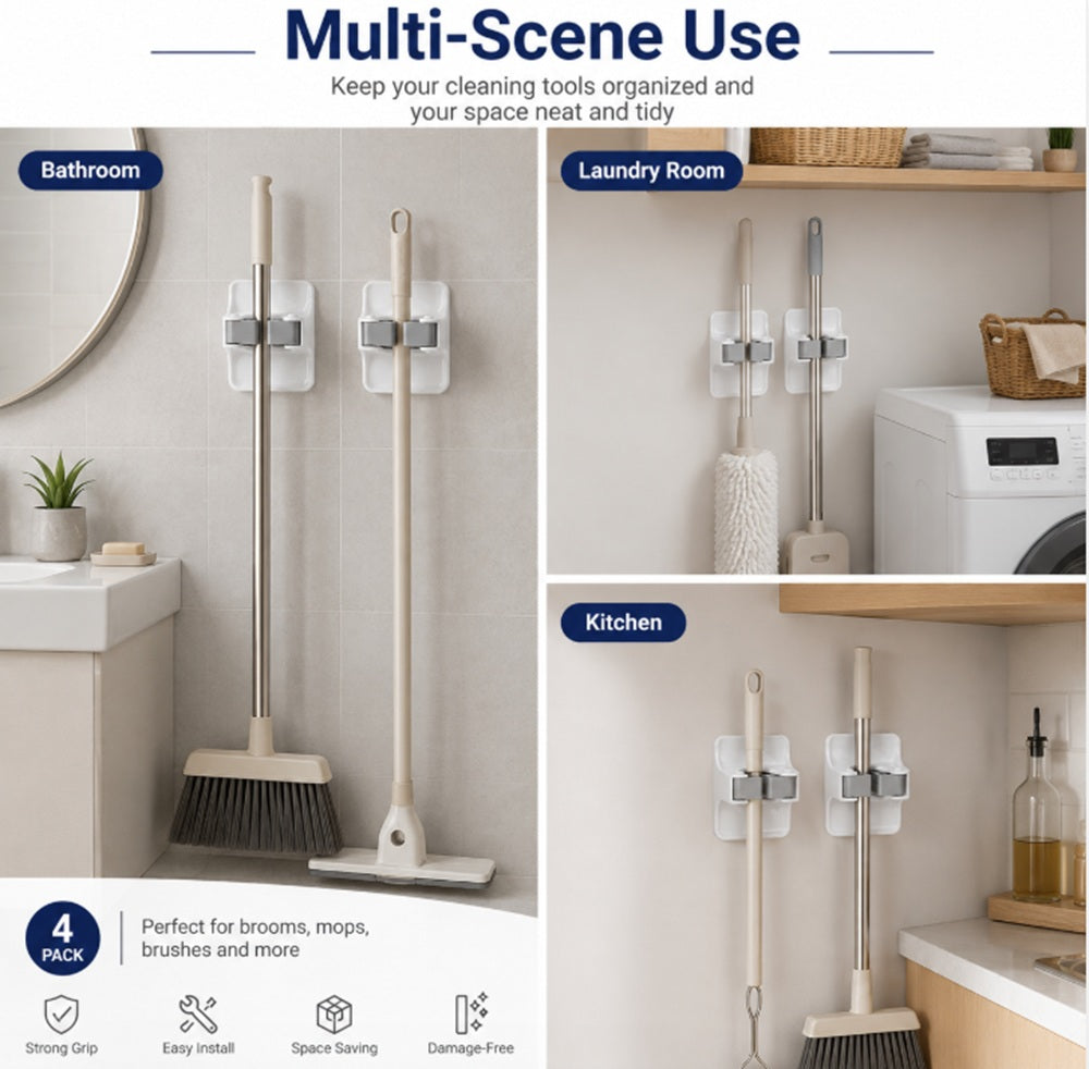 4-Pack Self-Adhesive Broom & Mop Wall Holders | TIKA