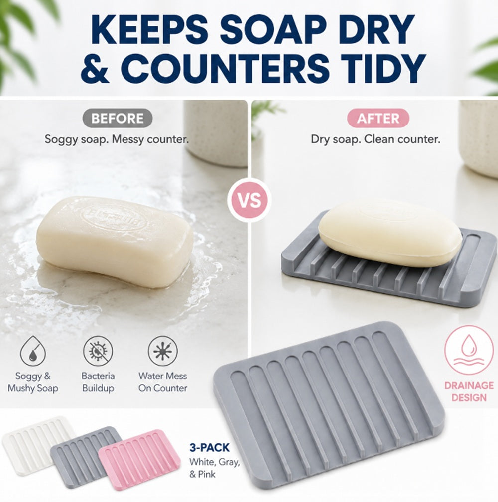 3-Pack Silicone Self-Draining Soap Dishes | TIKA
