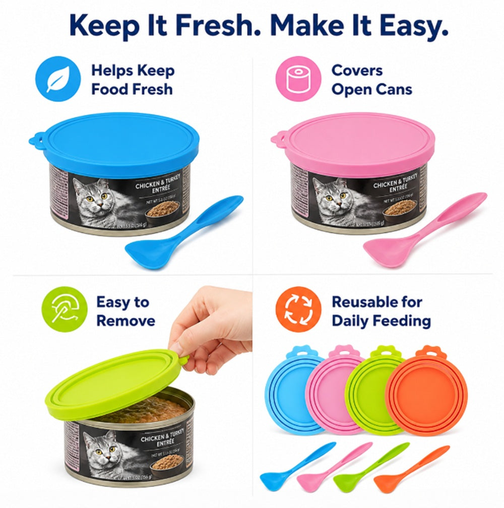 4-Pack Silicone Pet Food Can Covers with Spoon | TIKA