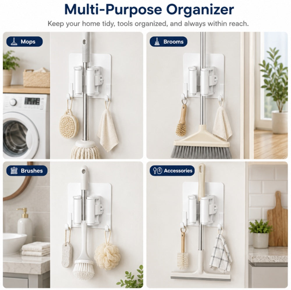 3-Pack Self-Adhesive Broom and Mop Holders with Hooks | TIKA