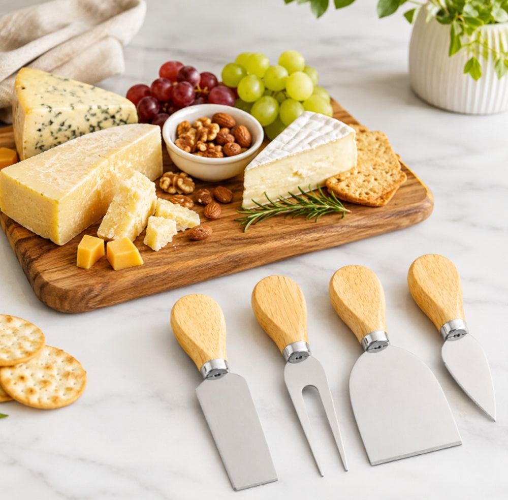 4-Piece Stainless Steel Cheese Knife Set with Wooden Handles | TIKA