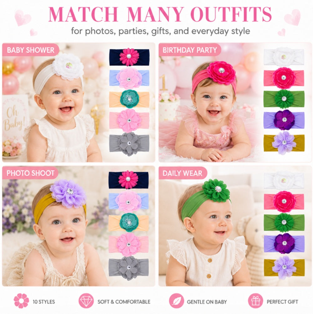 10-Pack Baby Girl Lace Bow & Flower Headbands | TIKA