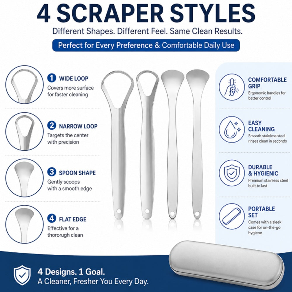 4-Pack Reusable Stainless Steel Tongue Scrapers | TIKA
