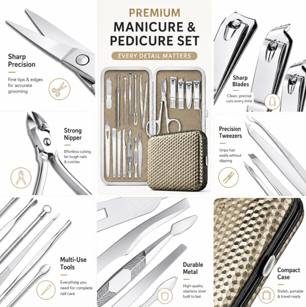 19-Piece Stainless Steel Nail Grooming Kit with Case | TIKA