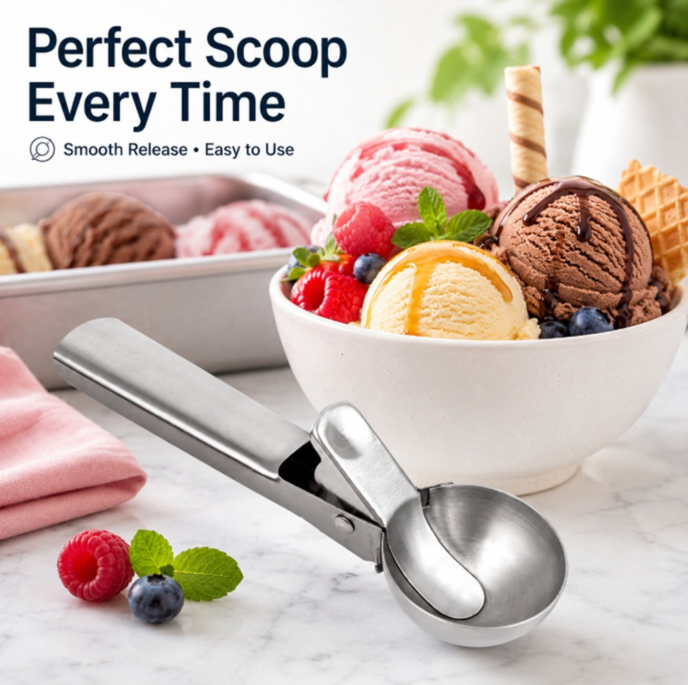 Stainless Steel Trigger Ice Cream Scoop for Cookie Dough & Melon | TIKA