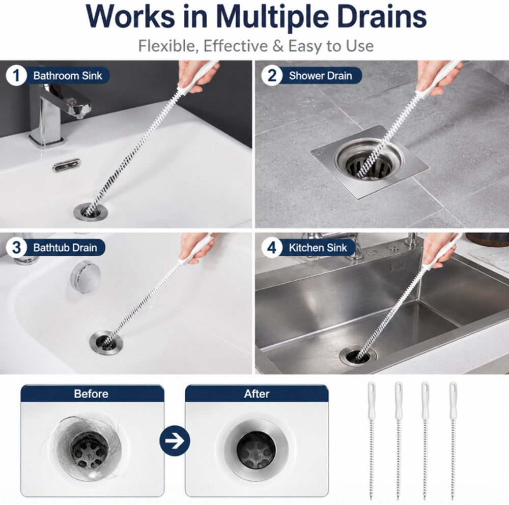 4-Pack Drain & Overflow Pipe Cleaning Brush Set | TIKA