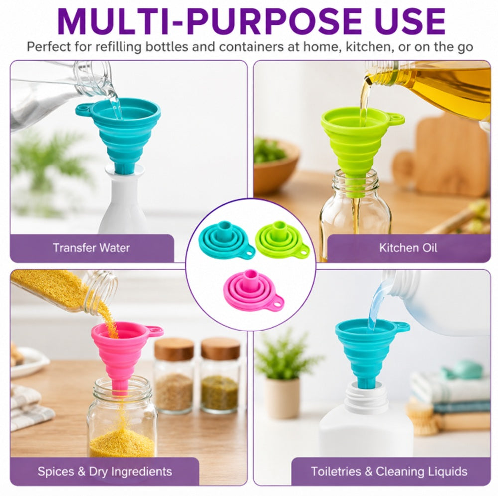 6-Piece Collapsible Silicone Kitchen Funnel Set for Liquid Transfer | TIKA