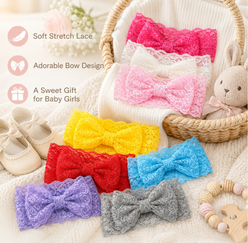 8-Piece Baby Girl Lace, Bow & Flower Headband Set | TIKA