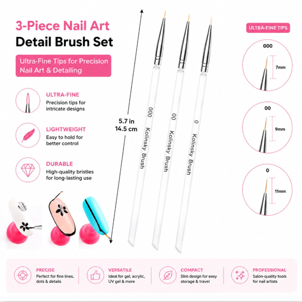 3-Pack Fine Liner Nail Art Brushes | TIKA