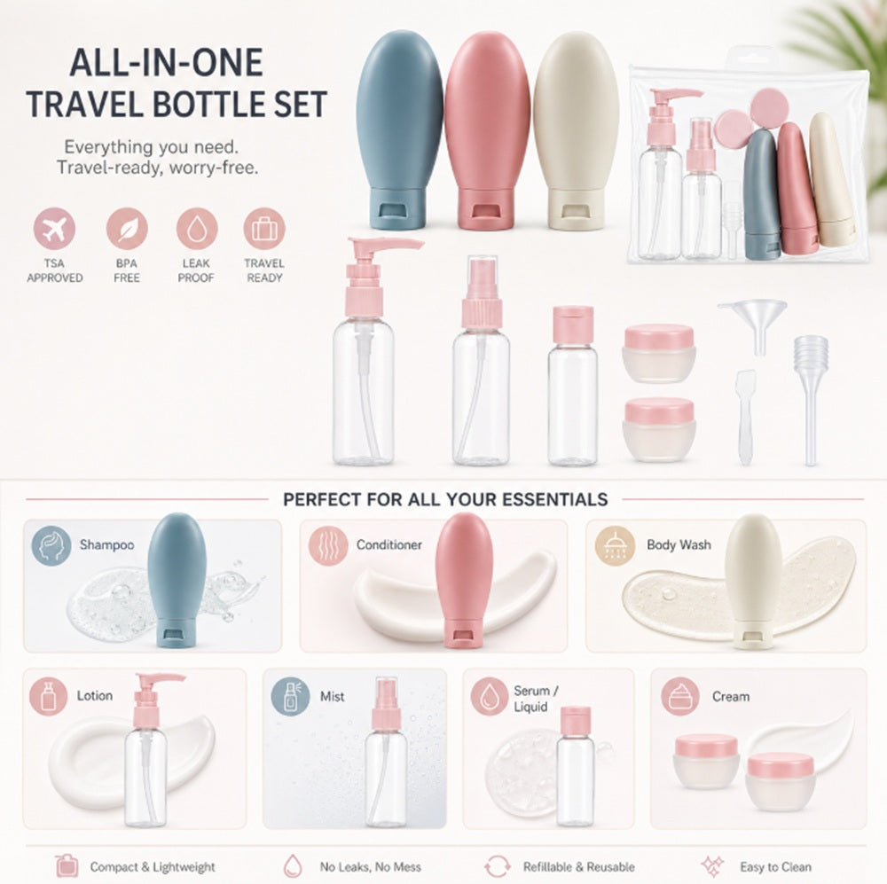 11-Piece Refillable Travel Toiletry Bottle Set | TIKA