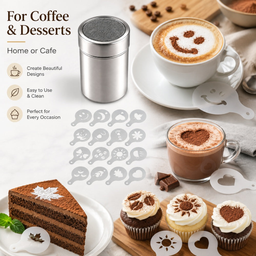 16 Coffee Stencils with Powder Shakers | TIKA