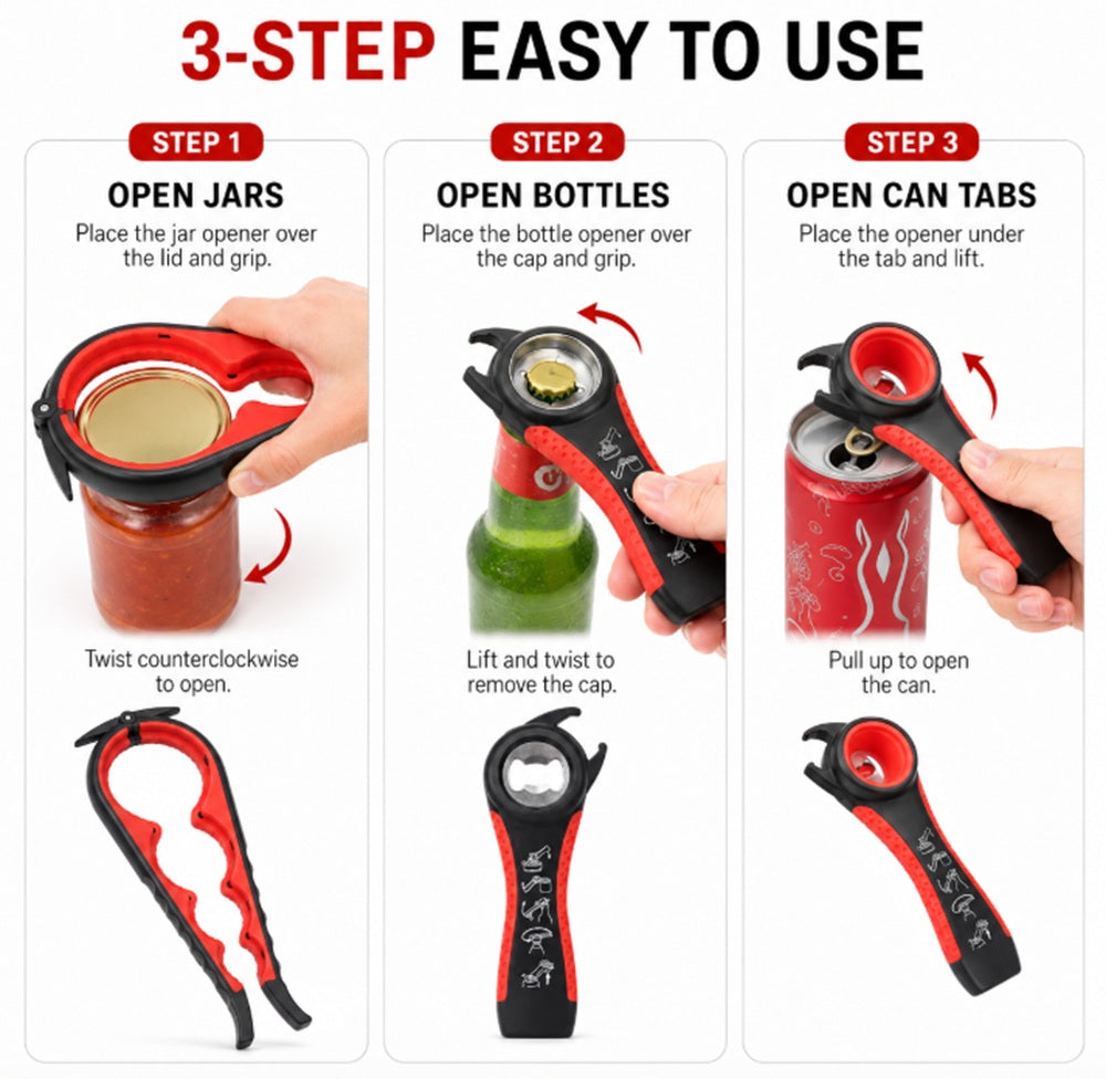 Jar & Bottle Opener Set, 2 Piece: 5-in-1 Tool & 4-Size Lid Gripper – TIKA