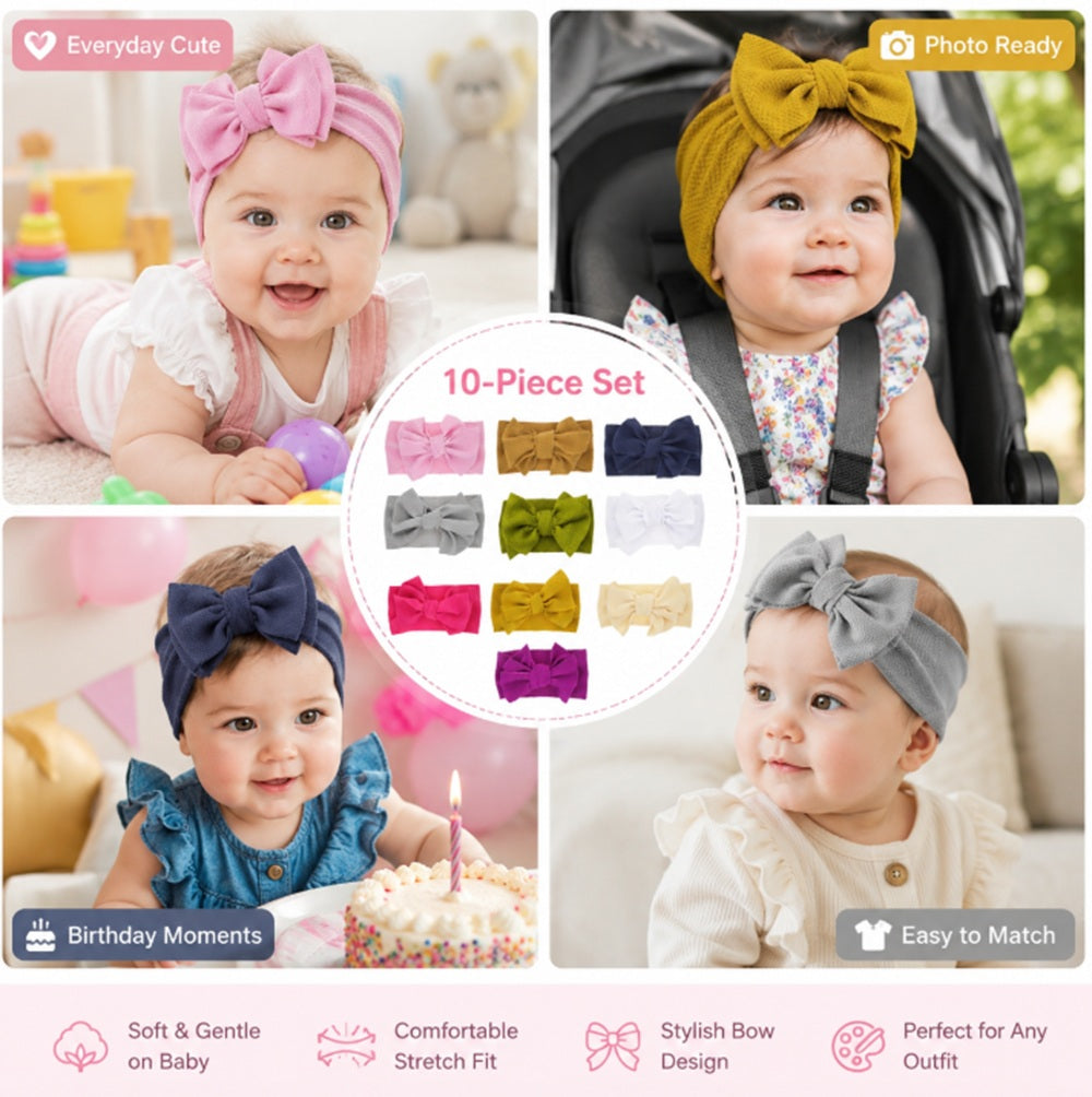 10-Piece Baby Girl Lace Bow & Flower Headband Set | TIKA