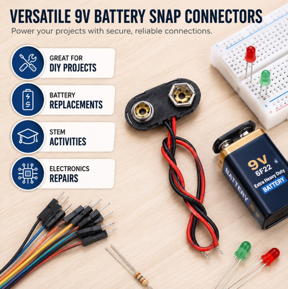 10-Pack 9V T-Type Battery Snap Connectors with Leads | TIKA