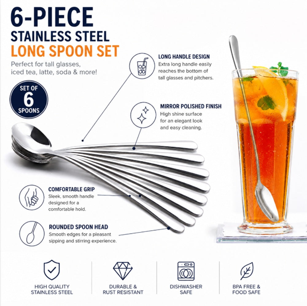 6-Pack 7.5-Inch Stainless Steel Long-Handle Iced Tea Spoons | TIKA