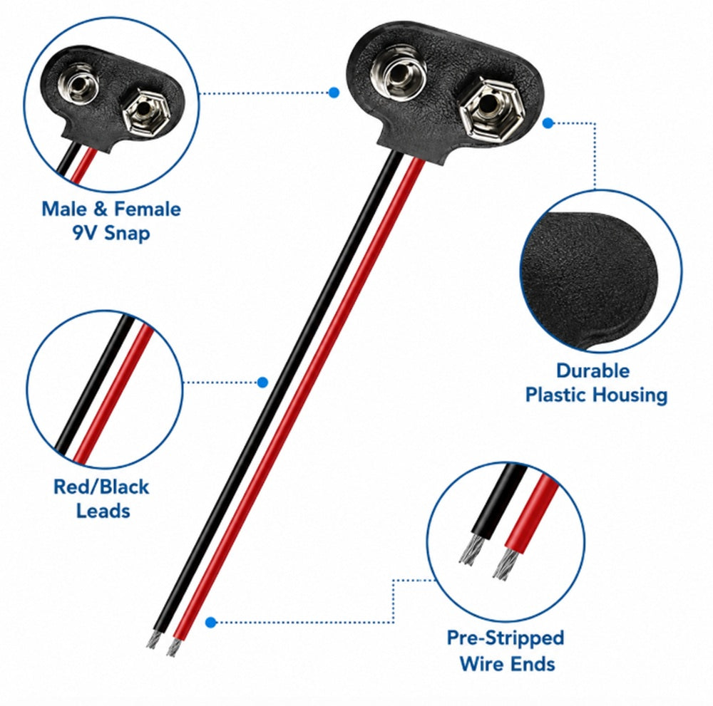 10-Pack 9V T-Type Battery Snap Connectors with Leads | TIKA