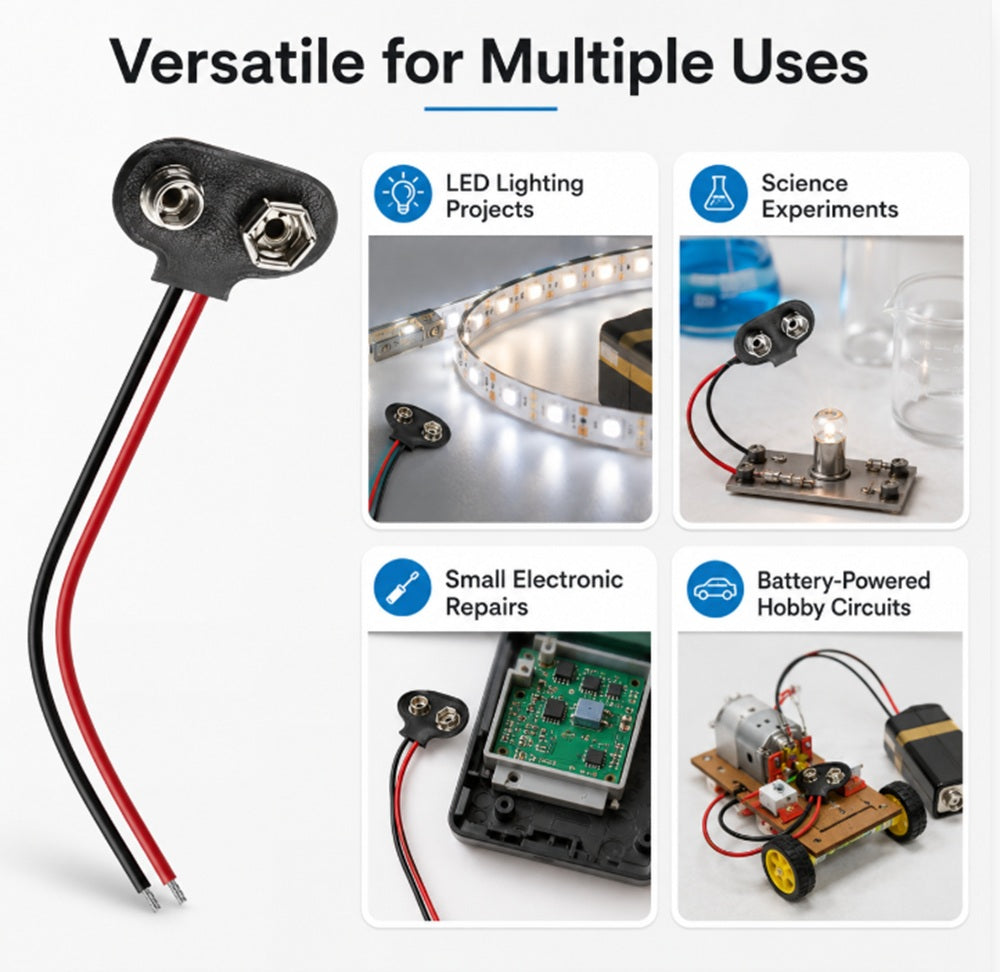10-Pack 9V T-Type Battery Snap Connectors with Leads | TIKA
