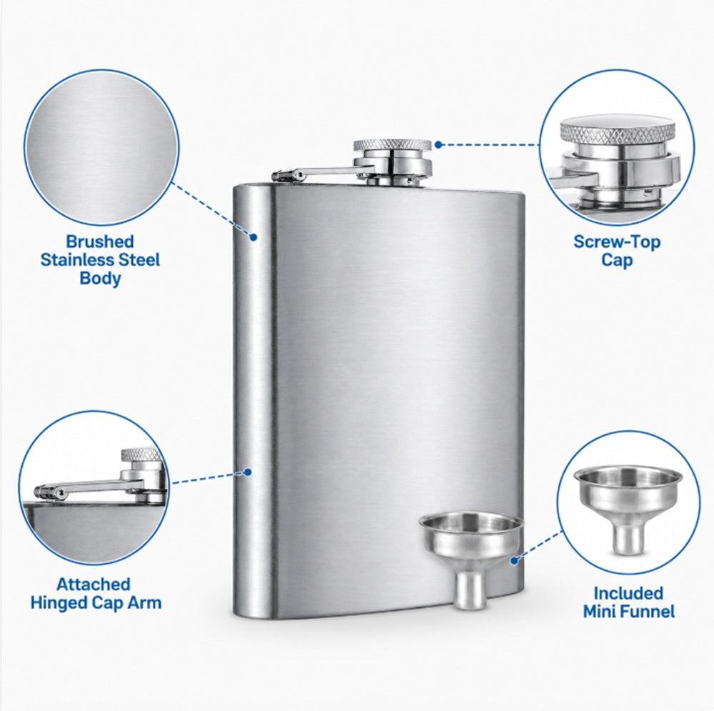 Stainless Steel Hip Flask with Funnel – 6 oz, 8 oz & 10 oz | TIKA