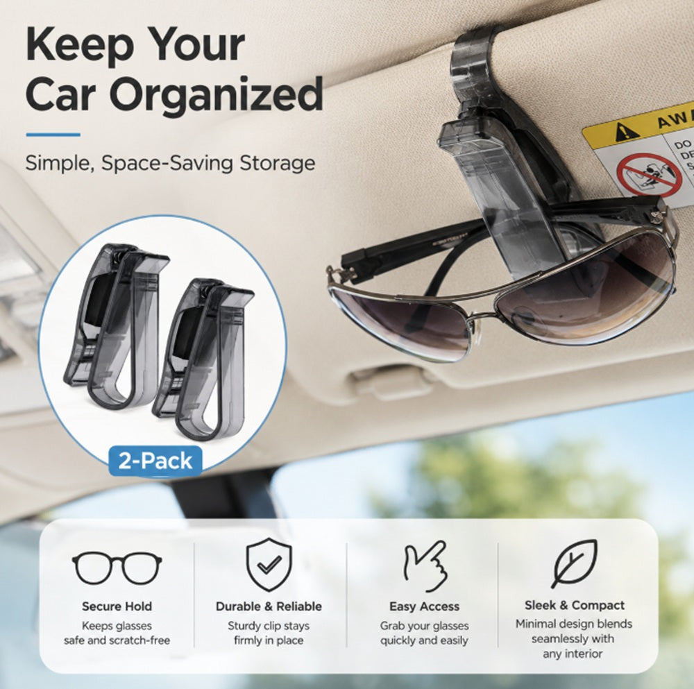 2-Pack Car Sun Visor Sunglasses & Card Holder Clips | TIKA
