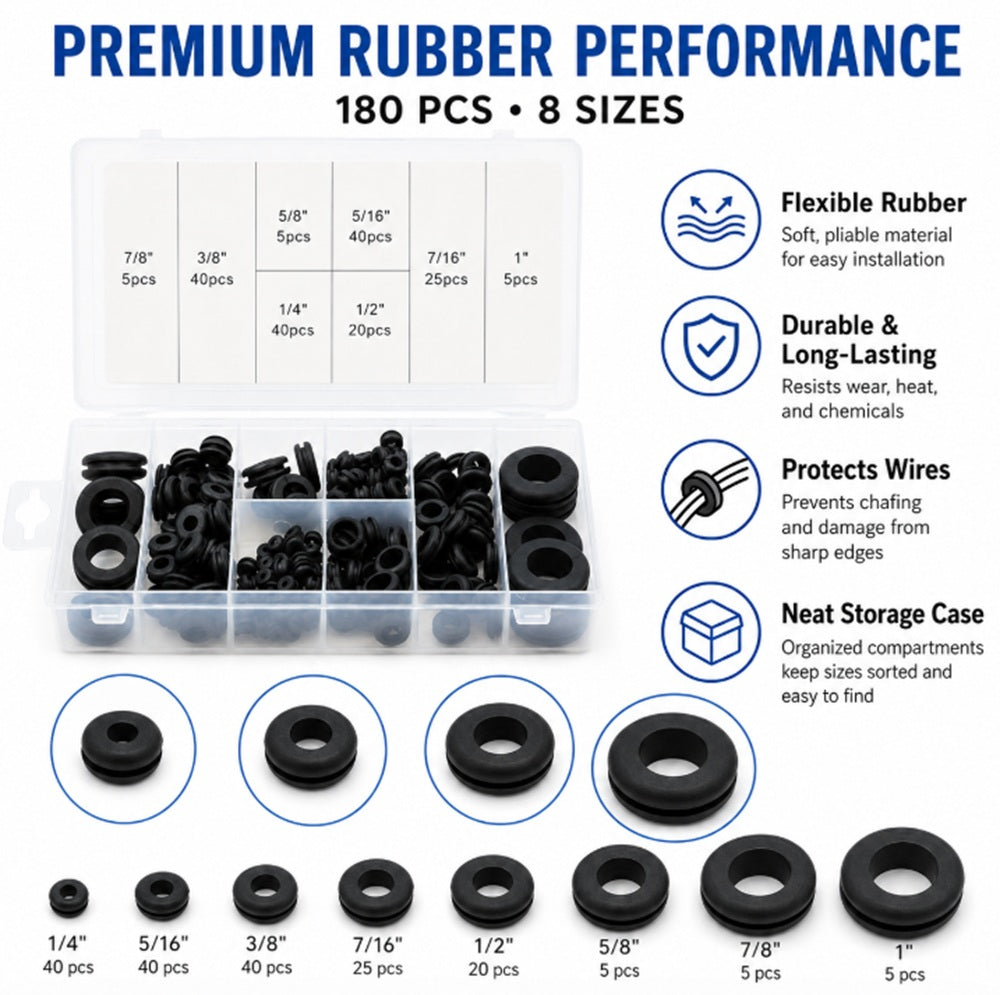 180-Piece Rubber Wire Grommet Assortment Kit | TIKA