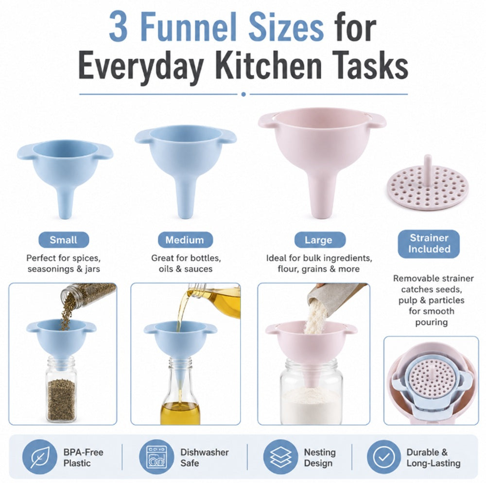 3-Piece Kitchen Funnel Set with Detachable Strainer | TIKA