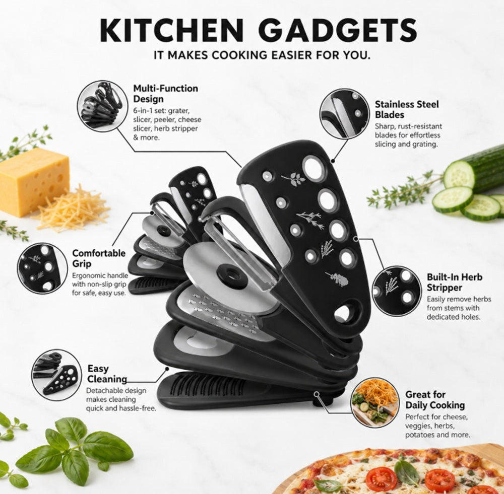 6-Piece Kitchen Gadget Set with Peeler, Grater & Bottle Opener | TIKA