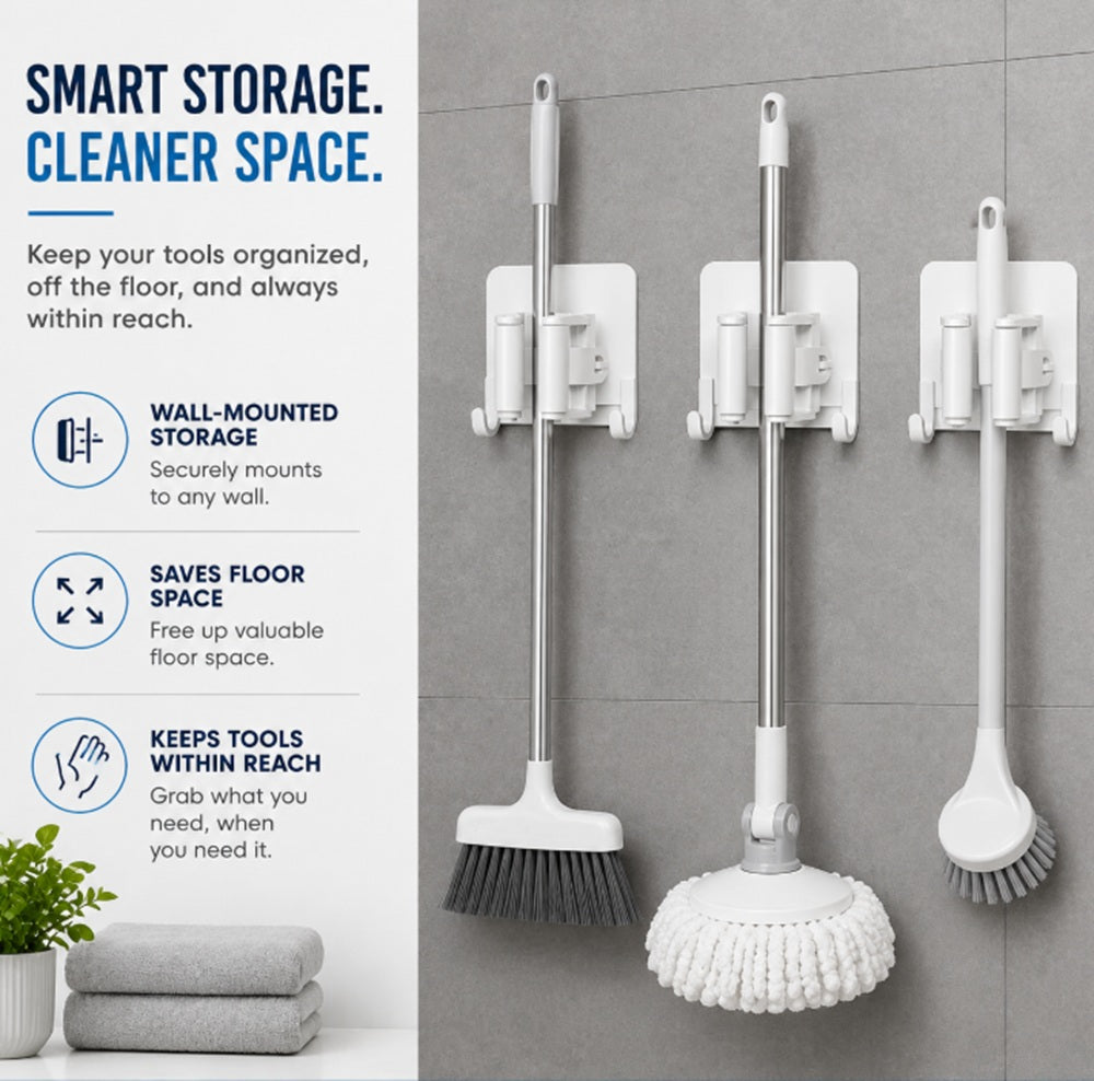 3-Pack Self-Adhesive Broom and Mop Holders with Hooks | TIKA