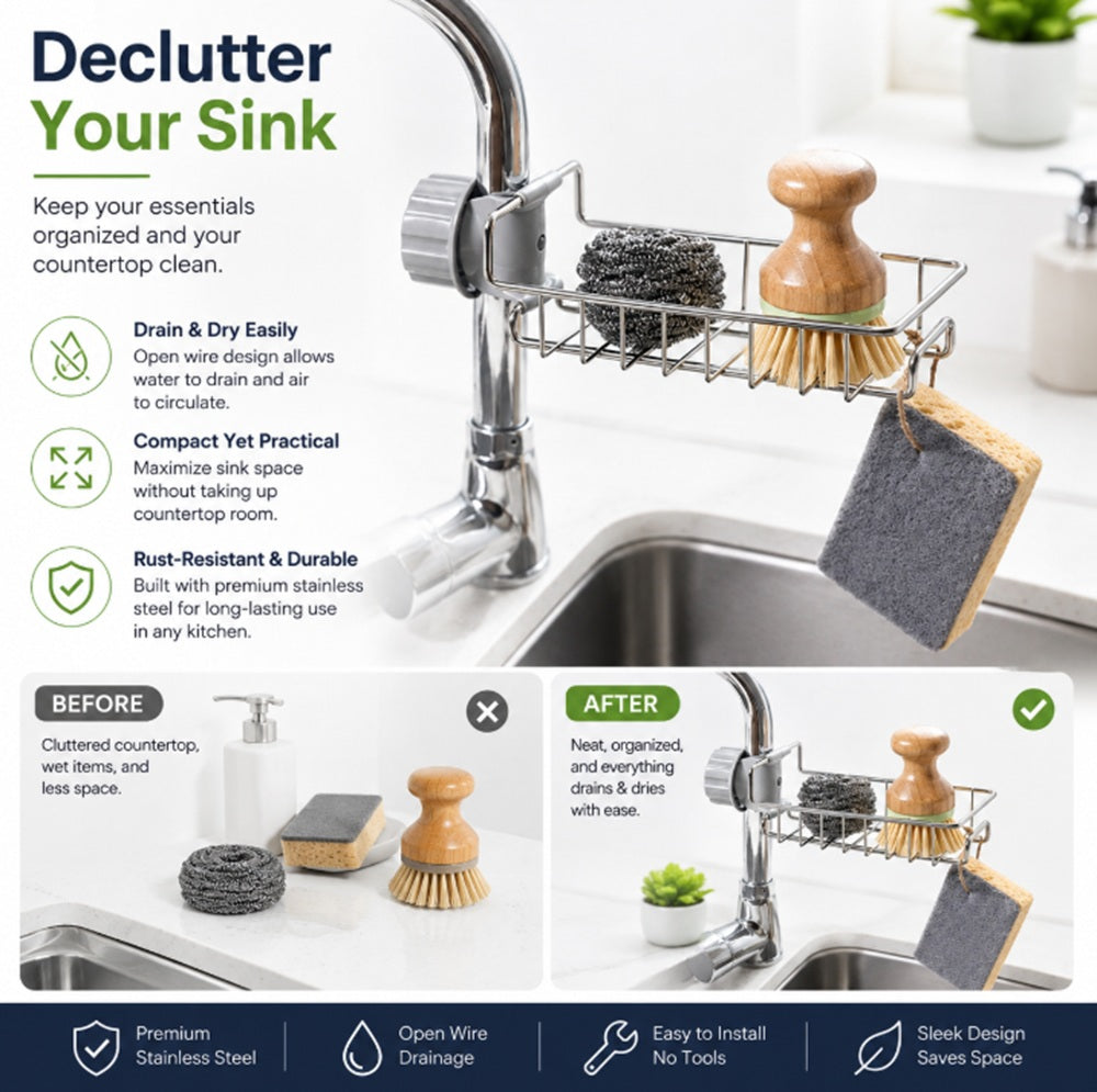 Kitchen Sink Faucet Rack with Sponge & Soap Holder | TIKA