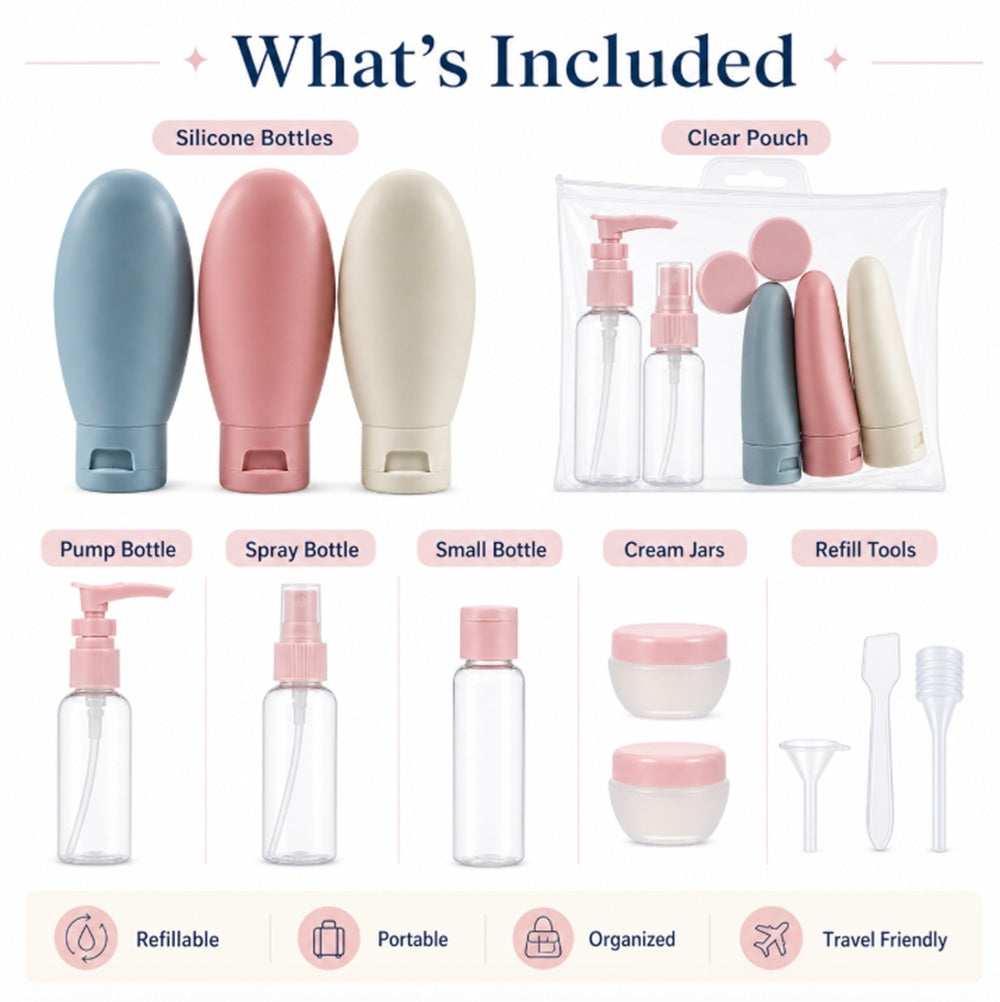 11-Piece Refillable Travel Toiletry Bottle Set | TIKA
