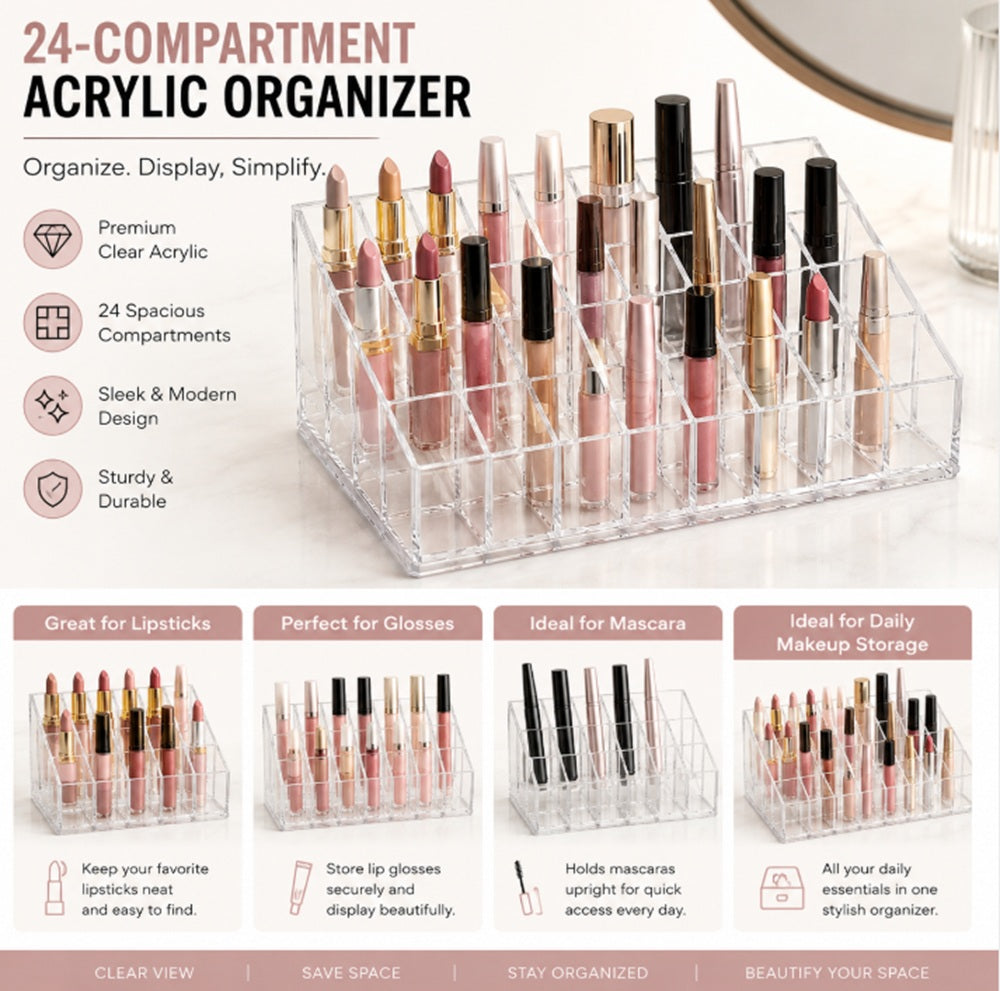 24-Slot Acrylic Lipstick Holder & Makeup Organizer | TIKA
