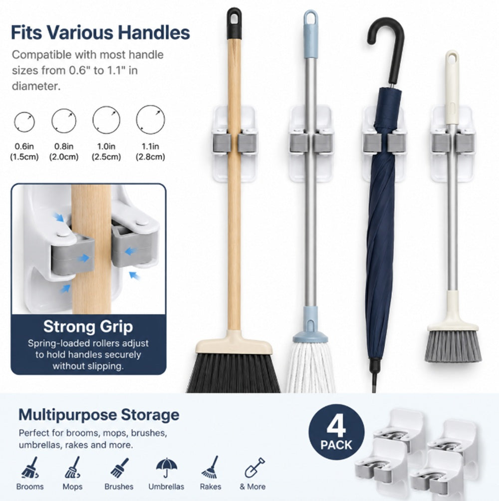 4-Pack Self-Adhesive Broom & Mop Wall Holders | TIKA