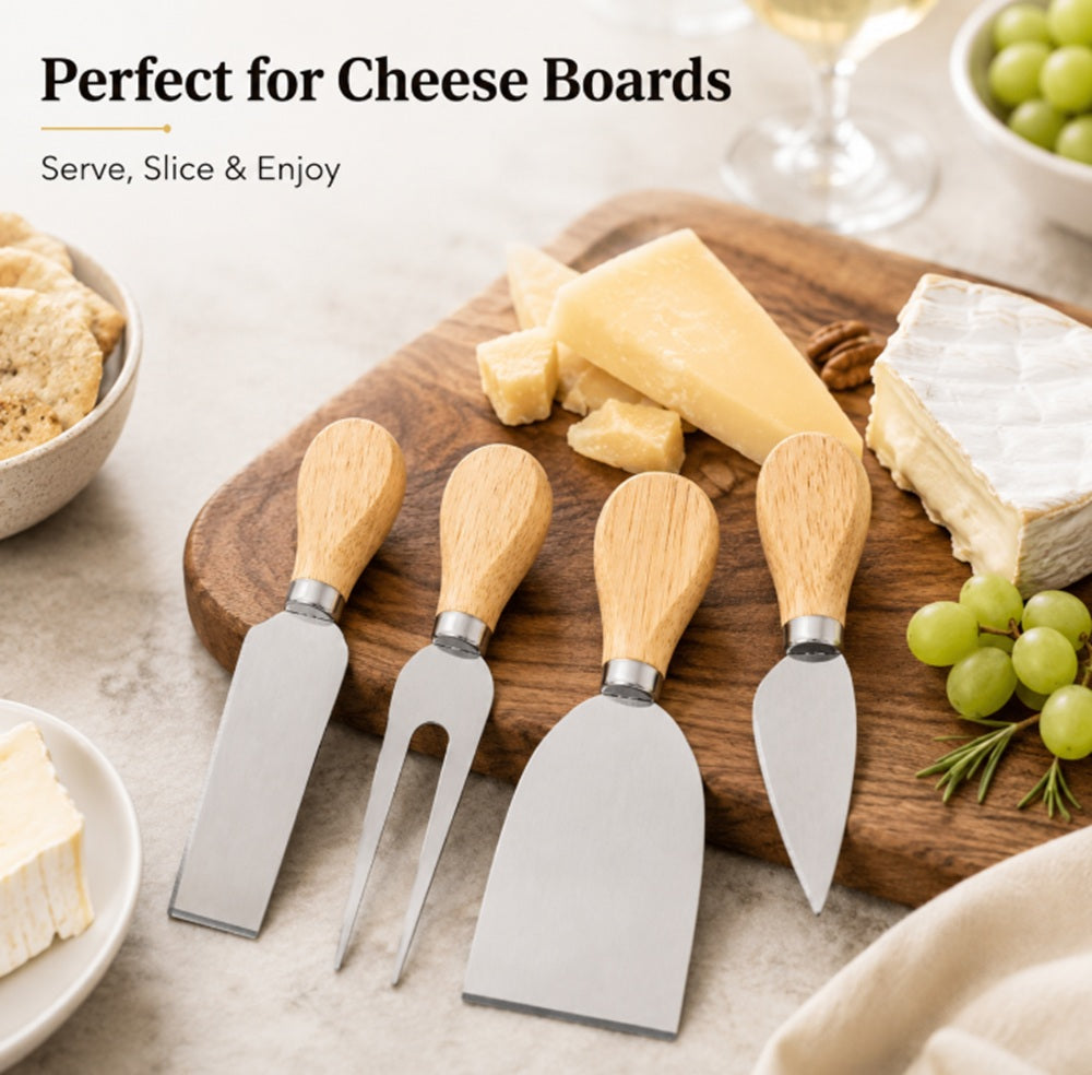 4-Piece Stainless Steel Cheese Knife Set with Wooden Handles | TIKA
