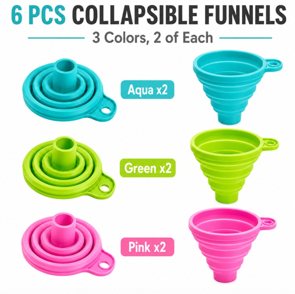 6-Piece Collapsible Silicone Kitchen Funnel Set for Liquid Transfer | TIKA