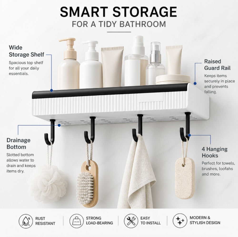 Adhesive Corner Shower Shelf with 4 Hooks, 1-Pack | TIKA