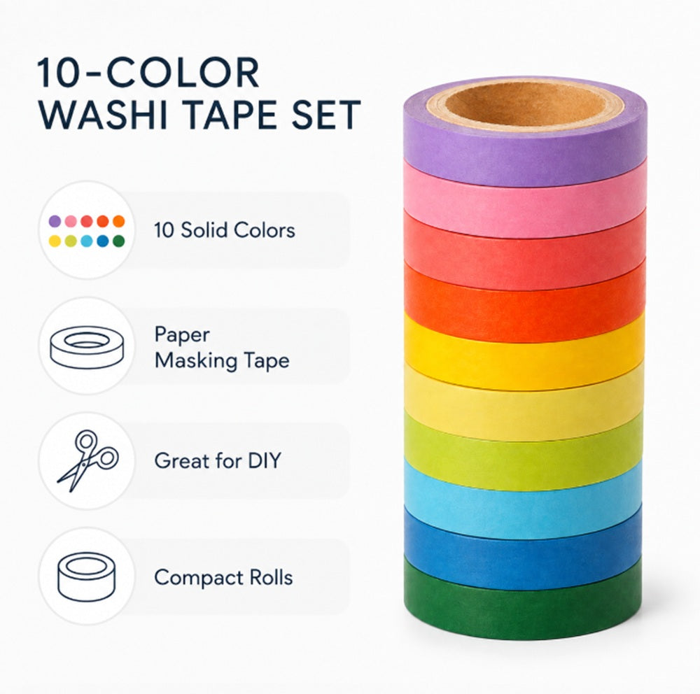 10-Roll Rainbow Writable Washi Tape Set | TIKA