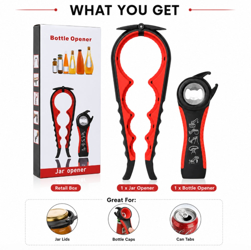 Jar & Bottle Opener Set, 2 Piece: 5-in-1 Tool & 4-Size Lid Gripper – TIKA