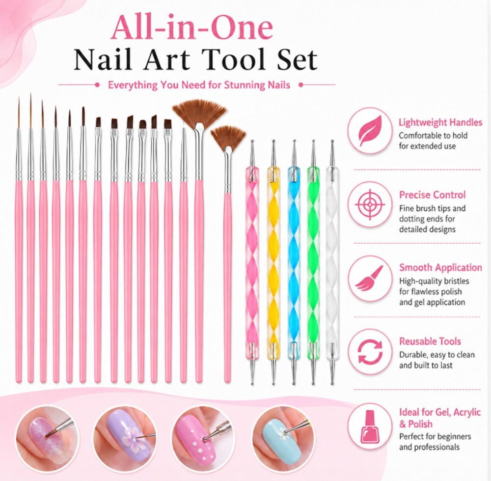 20-Piece Nail Art Brush & Dotting Tool Set | TIKA