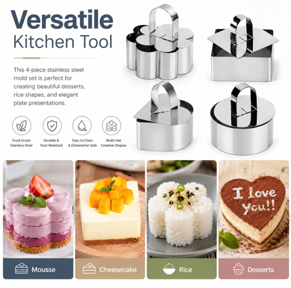 4-Pack Stainless Steel Mousse Ring Molds with Pusher | TIKA