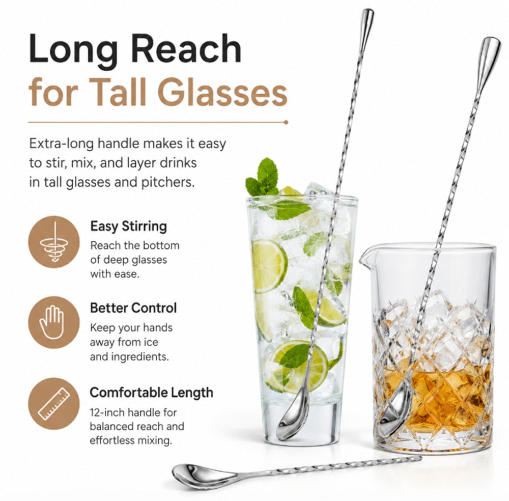 12-Inch Stainless Steel Bar Spoon for Cocktail Mixing | TIKA