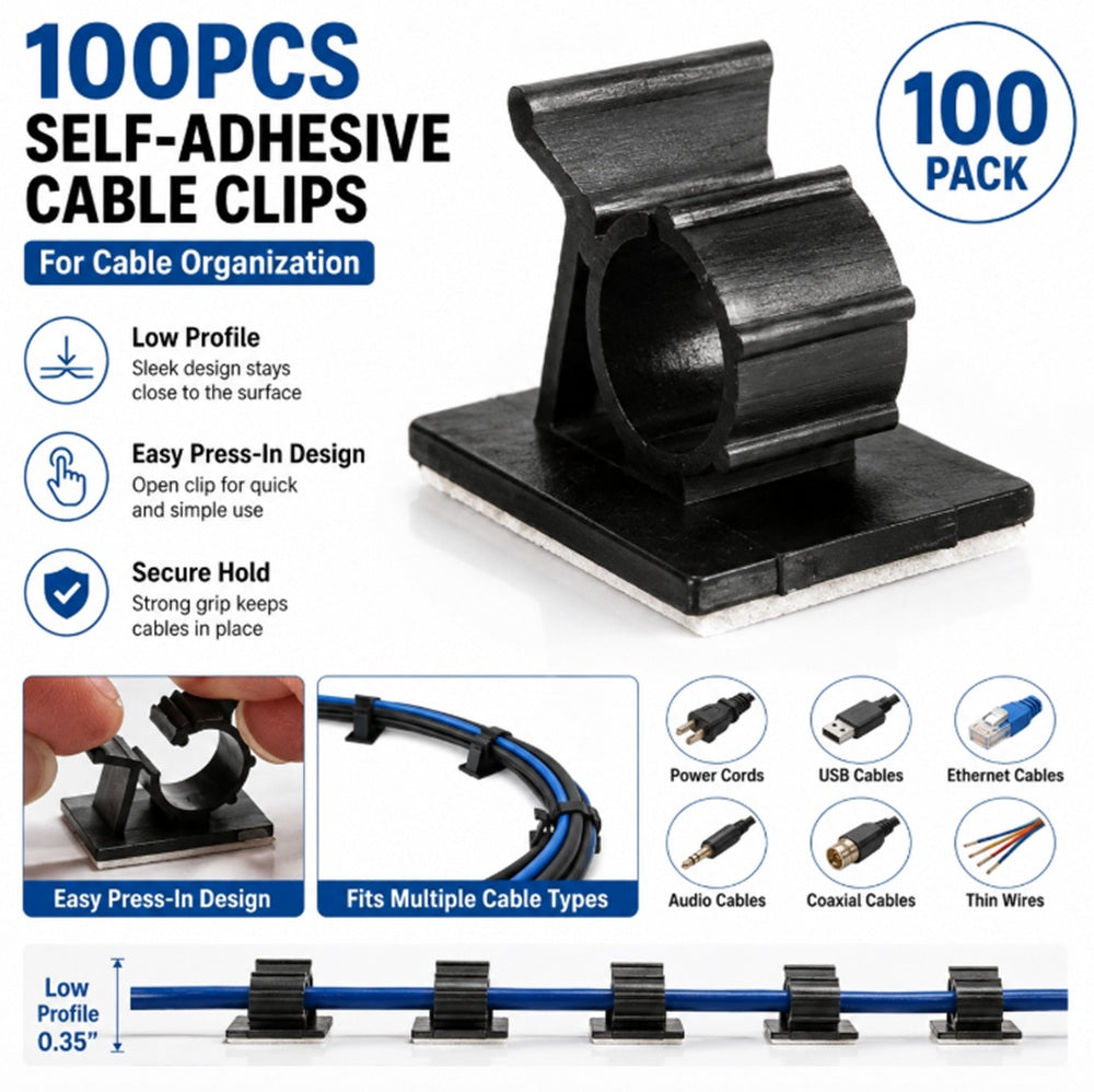 100-Pack Self-Adhesive Cable Organizer Clips | TIKA
