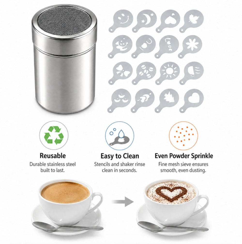 16 Coffee Stencils with Powder Shakers | TIKA