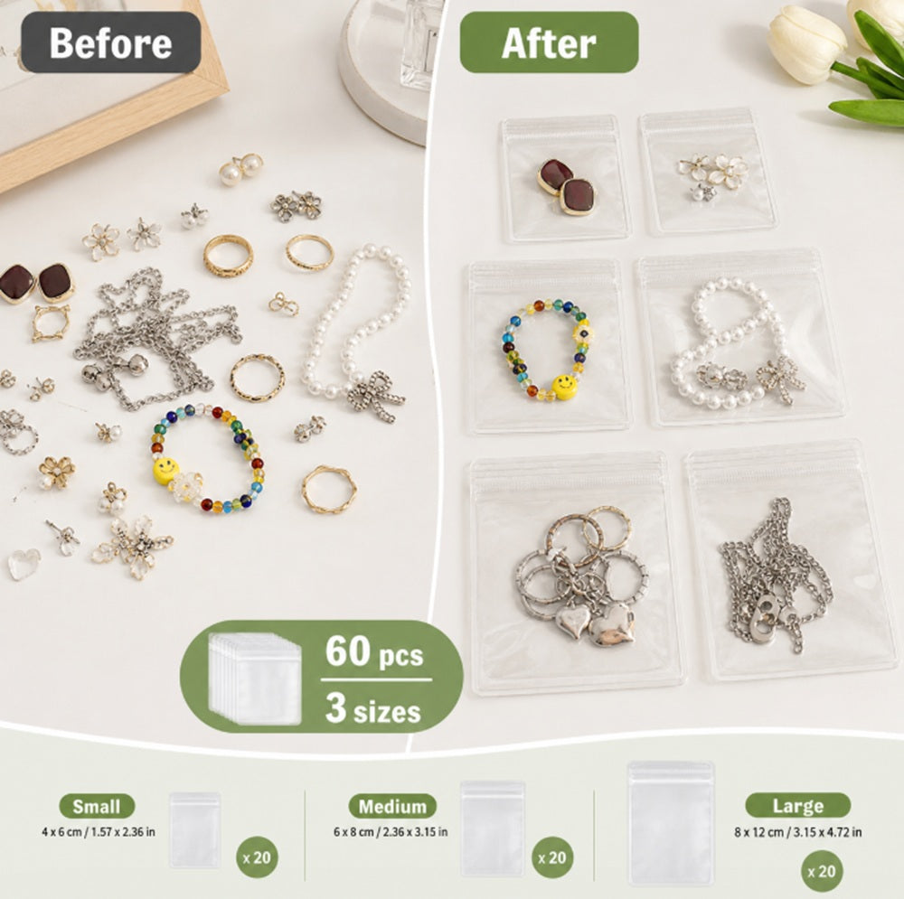 60-Pack Clear PVC Jewelry Storage Bags, 3 Sizes | TIKA