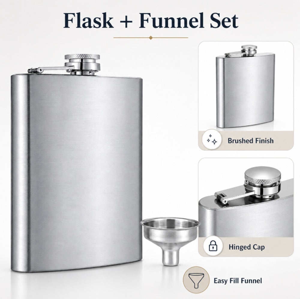 Stainless Steel Hip Flask with Funnel – 6 oz, 8 oz & 10 oz | TIKA